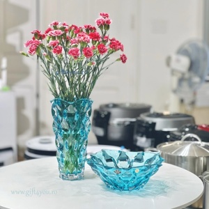 Cristal Bohemia - Set Vaza si platou 21 cm Zefir Albastru Aqua - Img 2