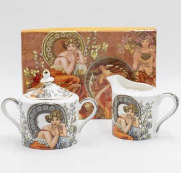 Set zaharnita latiera pentru servire ceai cafea picturi Alfons Mucha - Img 2