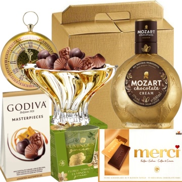 Cadou Deluxe Primavera Gold - Bol de Cristal, Ciocolata Premium si Lichior pentru Femei