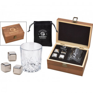 Cadou Set de Whisky DeLuxe - Cuburi de racire Steel Ice Cubes, Pahar de whisky in cutie lemn