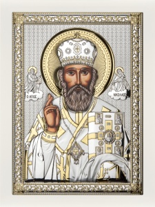 Icoana argintata Sfantul Nicolae rama alba