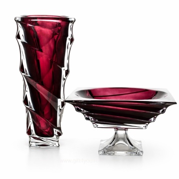 Cristal Bohemia - Set Vaza si Platou cu picior 28 cm Precious Burgundy