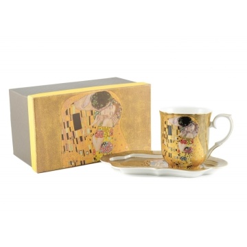 Set mic dejun Cana de ceai 360 ml si tavita cu picturi Klimt - Kiss auriu - Img 2