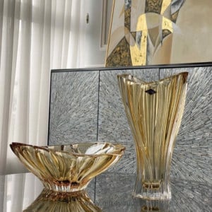 Cadou de Lux Cristal Bohemia - Set Vaza si Platou Primavera chihlimbar