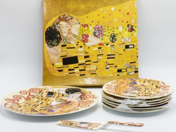 Set de tort Klimt 8 piese - The Kiss ecru - Pomul Vietii rosu