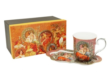 Set mic dejun Cana de ceai 360 ml si tavita cu picturi Alphonse Mucha cafeniu - Img 2