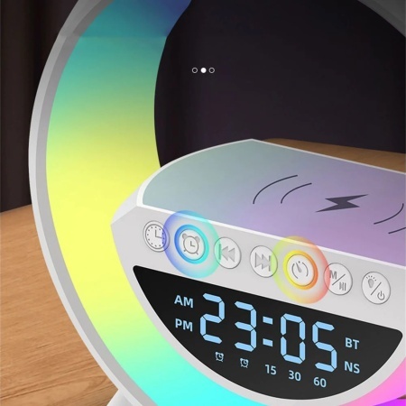 Lampa LED Birou RGB cu incarcare Wireless, Bluetooth, Ceas, Alarma si USB - Img 2