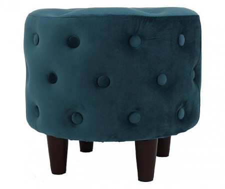 Taburet rotund din catifea cu nasturi , patru picioare din lemn, Dimensiuni 45x40 cm , Grunberg ,TB98 ,Albastru