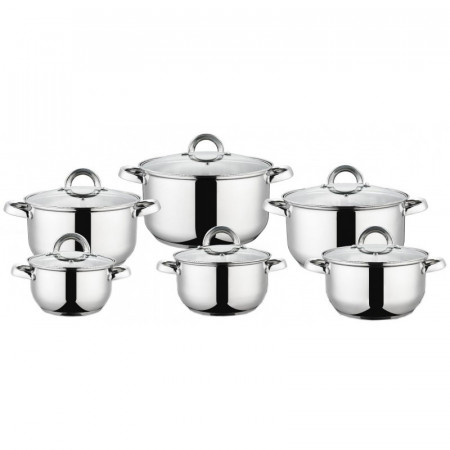 Set 12 piese: 6 vase din inox, compatibile cu plita cu inductie, cu capace din sticla, Grunberg GR1065