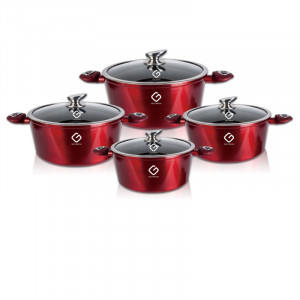 Set 8 piese: 4 vase din aluminiu, compatibile cu plita cu inductie, cu capace din sticla, Grunberg GR2716