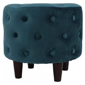 Taburet rotund din catifea cu nasturi , patru picioare din lemn, Dimensiuni 45x40 cm , Grunberg ,TB98 ,Albastru