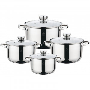 Set 8 piese: 4 vase din inox, compatibile cu plita cu inductie, cu capace din sticla, Grunberg GR1066