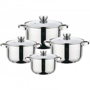 Set 8 piese: 4 vase din inox, compatibile cu plita cu inductie, cu capace din sticla, Grunberg GR1066