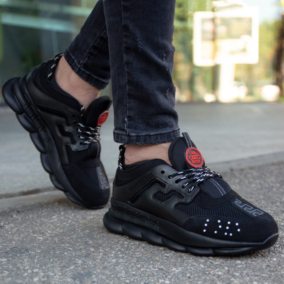 Adidasi din piele ecologica si catifea - CHAIN ALL BLACK - 1 | YEO