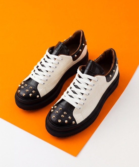 Adidasi din piele ecologică alba cu talpa neagra - SPIKED - Img 5