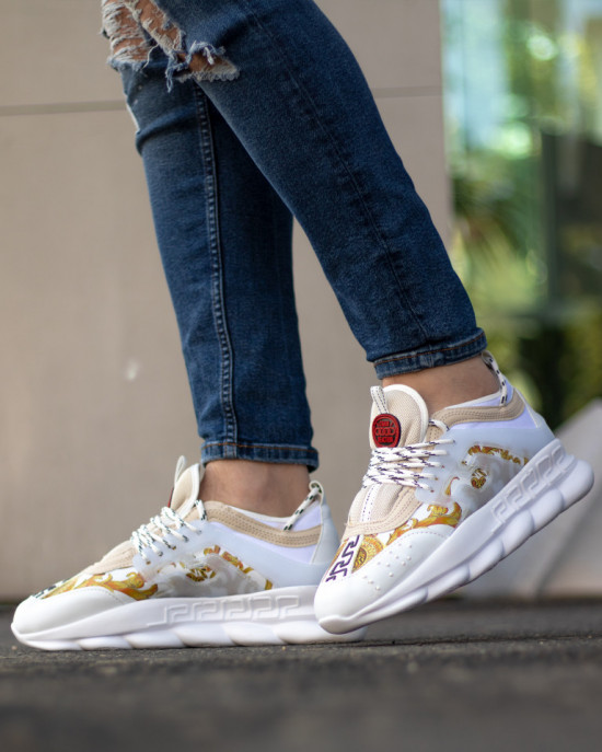 Sneakers din piele ecologica - CHAIN Gold &amp; White - Img 4