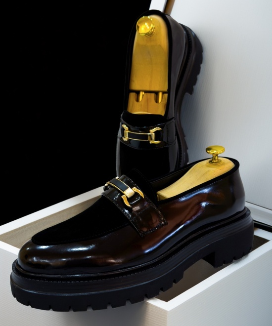 Mocasini barbati negri din piele ecologica si catifea - LINKED