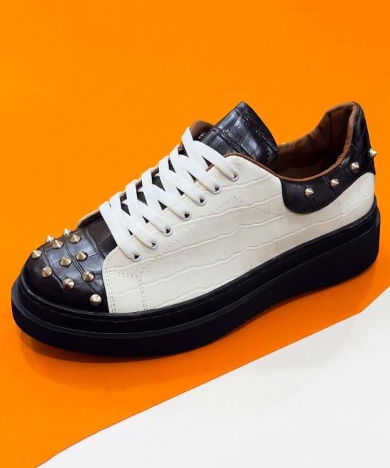 Adidasi din piele ecologică alba cu talpa neagra - SPIKED - Img 4