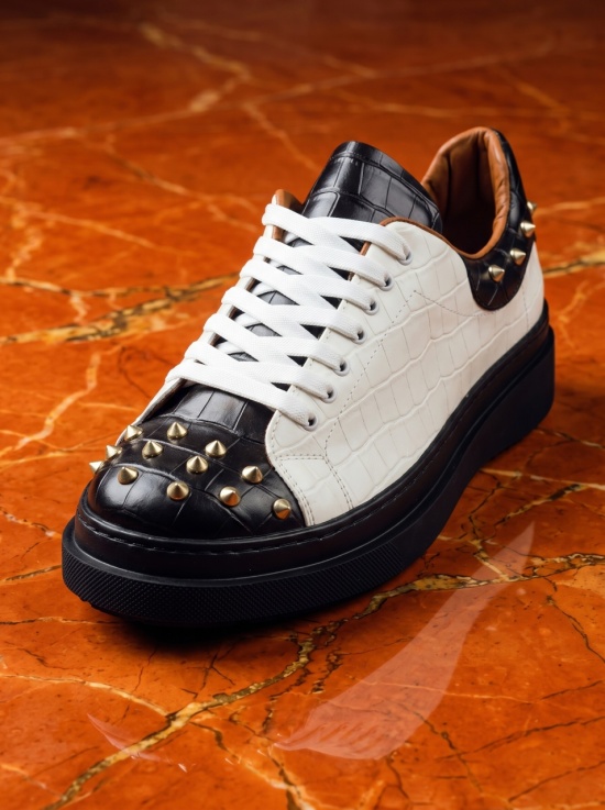 Adidasi din piele ecologică alba cu talpa neagra - SPIKED - Img 3