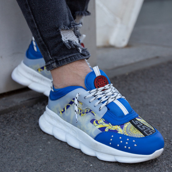 Sneakers din piele ecologica - CHAIN / Albastru-Auriu - Img 4