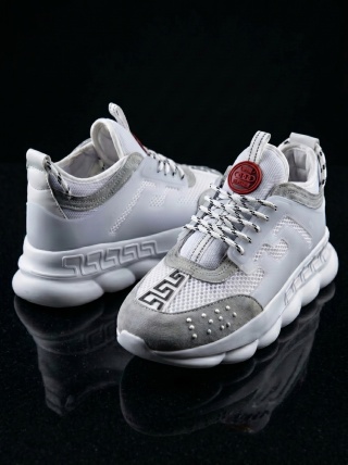 Sneakers din piele ecologica si catifea albi - CHAIN