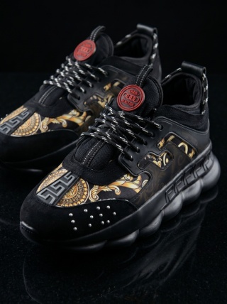 Sneakers din piele ecologica si catifea - CHAIN NEGRU/AURIU