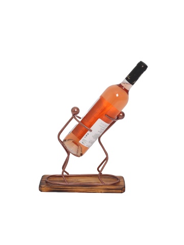 Suport sticla Twins, din lemn brad tratat si elemente de fier forjat , Aramiu 25x10x25cm