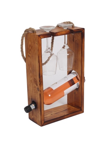 Suport sticla vin , Against Gravity,din lemn brad tratat cu 2 pahare incluse 24x10x40