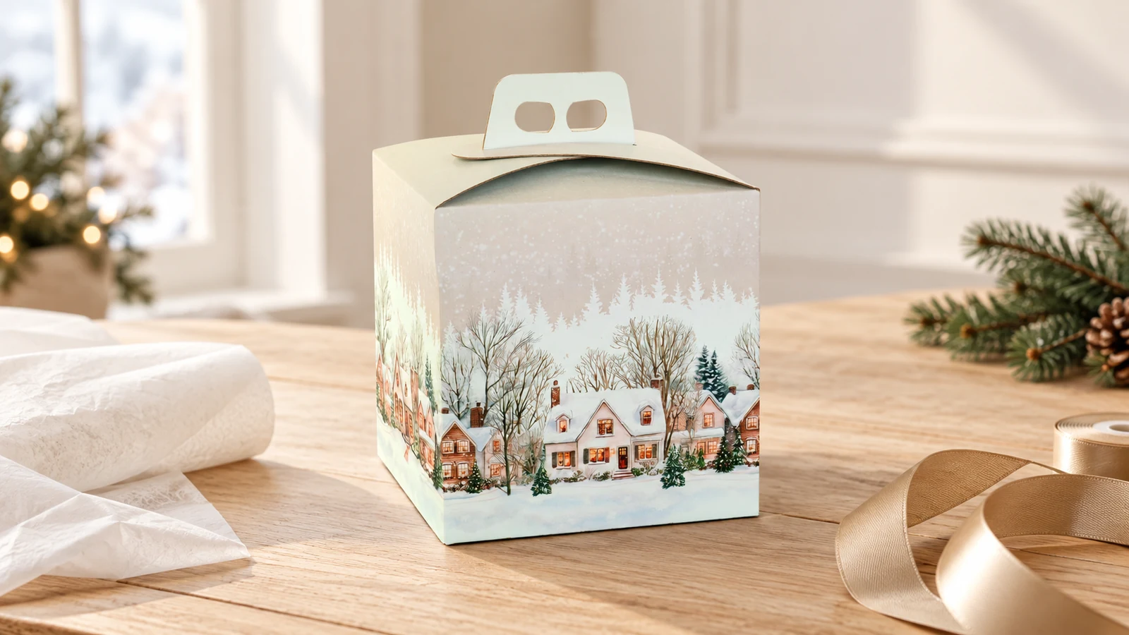 Cutie cadou Christmas Village Scotton, cu peisaj de iarnă și mâner.