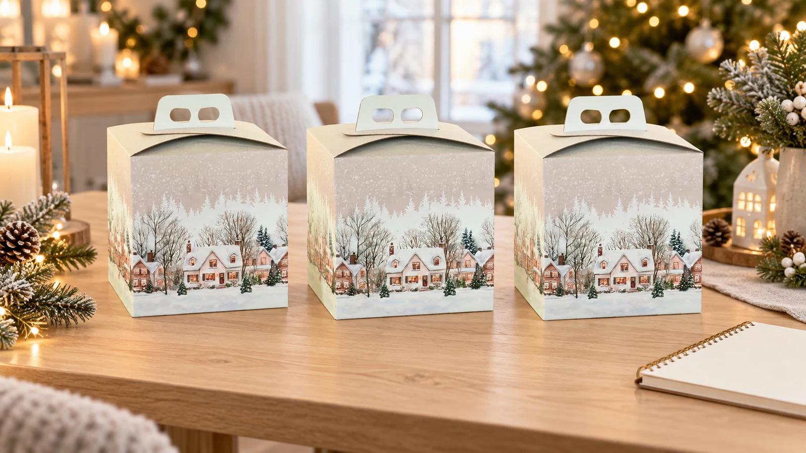 Trei cutii Christmas Village închise, așezate ordonat pe o masă.