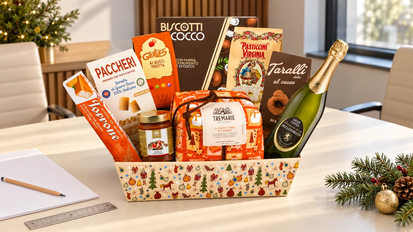 Pachetul gourmet Ambra pe o masă, alături de un caiet și o riglă.