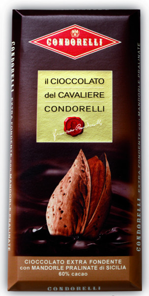 Ciocolata neagra 60% cacao cu migdale pralinate fara gluten 100g, Condorelli