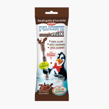 Polaretti Magic Milk cu surpriza, pai umplut cu granule, solubile in lapte, cu gust de ciocolata, fara gluten, Dolfin 7 buc x 6.5g