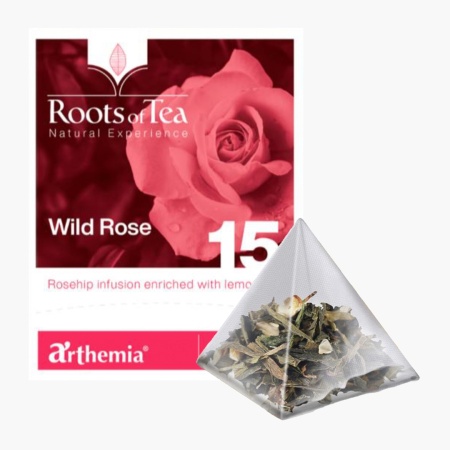 Ceai frunze Wild Rose piramida – ceai de macese cu infuzie de coji de lamaie BIO, Arthemia Milano 15x2.2g/plic - Img 1