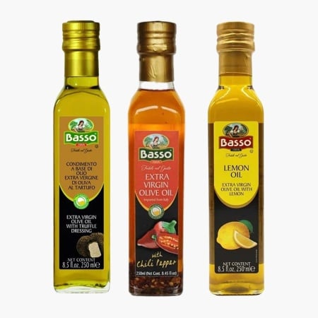 Pachet ulei de masline extravirgin aromat Basso: Lamaie 250ml, Trufe 250ml, Ardei iute 250 ml