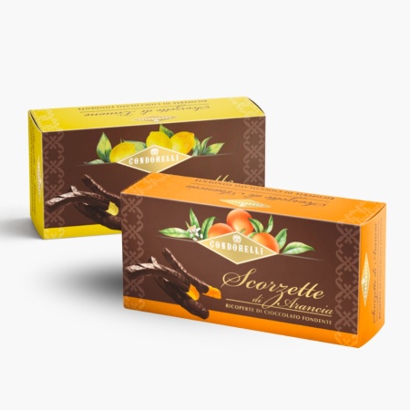 Scorzette de portocala si lamaie confiate cu ciocolata neagra, fara gluten 80g, Condorelli