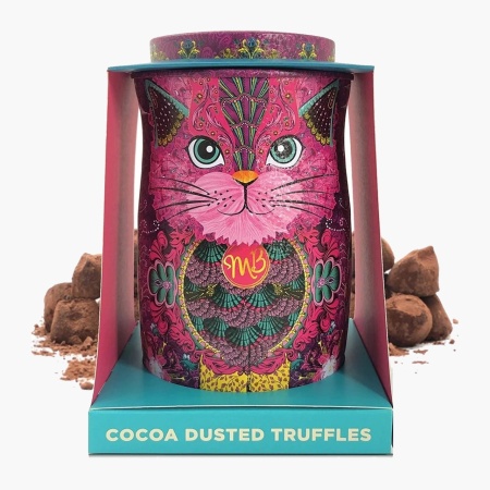 Cutie metalica cu trufe din ciocolata neagra Monty Bojangles Persian Pink Cat Choccy Scoffy 135g