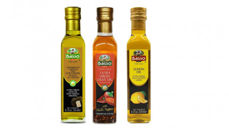 Pachet ulei de masline extravirgin aromat Basso: Lamaie 250ml, Trufe 250ml, Ardei iute 250 ml - Img 1