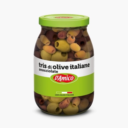 Trio de masline, in saramura, fara samburi, fara gluten, D'Amico 280g