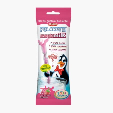 Polaretti Magic Milk cu surpriza, pai umplut cu granule, solubile in lapte, cu gust de capsuni, fara gluten, Dolfin 7 buc x 6.5g