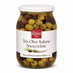 Trio de masline, in ulei de floarea soarelui, fara samburi, fara gluten, ROBO 980g - Img 2