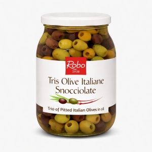 Trio de masline, in ulei de floarea soarelui, fara samburi, fara gluten, ROBO 980g