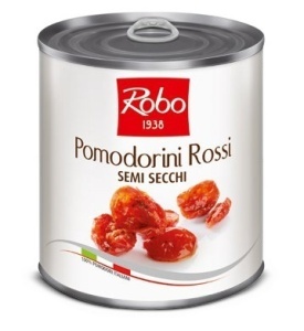 Rosii cherry rosii semi-uscate, decojite si confiate in ulei de floarea soarelui Pomotto Giallo Robo 750g