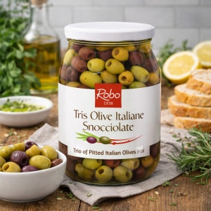 Trio de masline, in ulei de floarea soarelui, fara samburi, fara gluten, ROBO 980g - Img 3