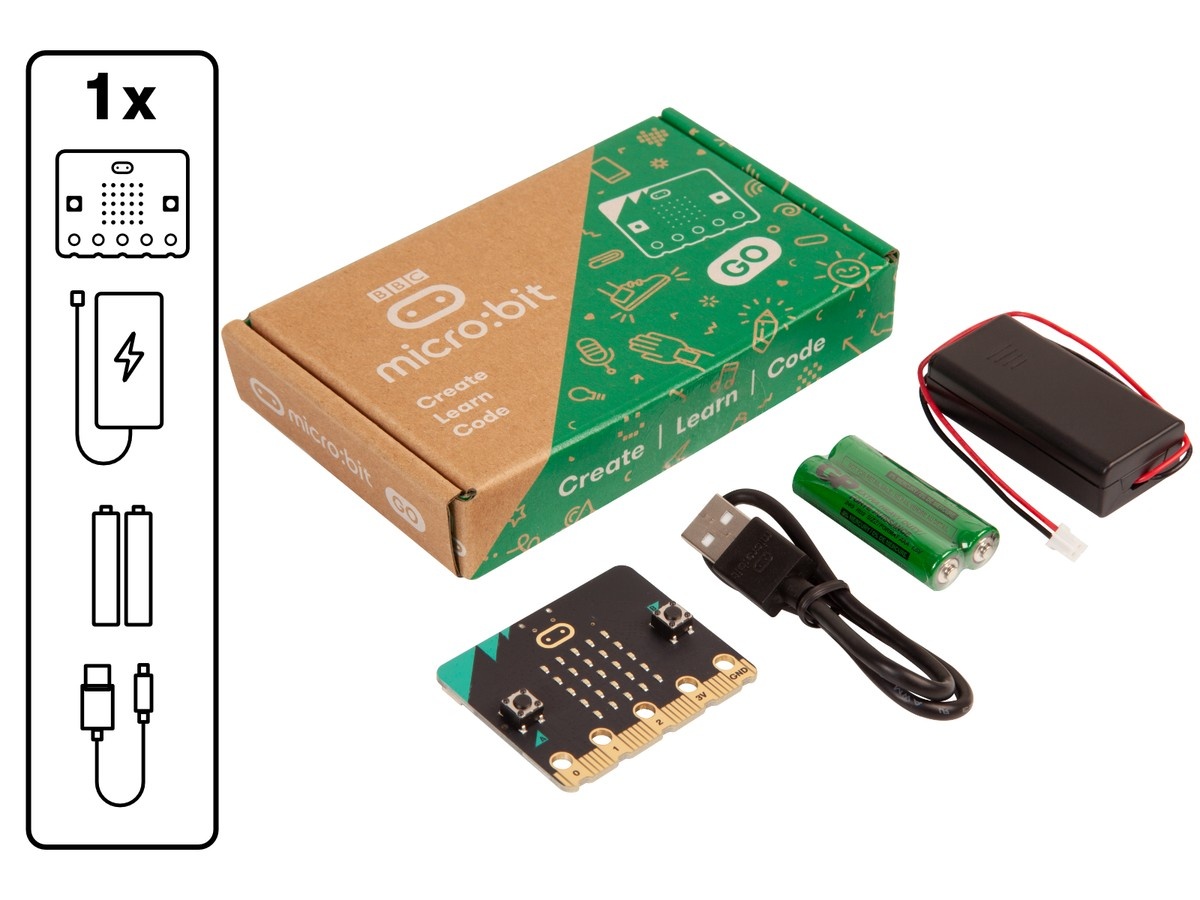 BBC micro:bit V2 Starter комплект — платка, USB кабел и батерия, готов за първи урок