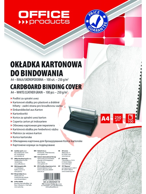 Корица за подвързване, OP, тип кожа 250г, А4, опаковка 100,бяла