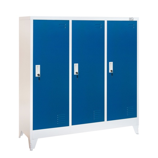 Метален гардероб RFG, троен, с три врати (1200 х 400 х 1200 mm), бял, със сини врати.