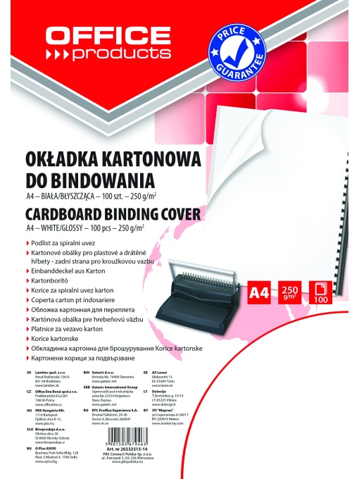 Корица за подвързване, OP, картон 250г, А4, опаковка 100, бяла
