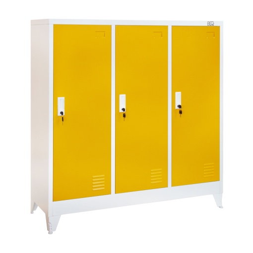 Метален гардероб RFG с три врати, троен, 120 х 40 х 120 cm, бял с жълти врати.