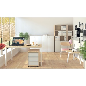 Шкаф Narbutas Choice, 800x420x1075 mm, с корпус от избелен дъб, бели врати с бяла правоъгълна дръжка. - Img 2